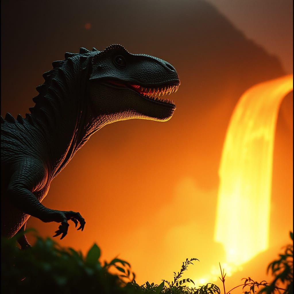 Dinosaur Witnessing Volcanic Eruption in Hyperrealistic Styl...