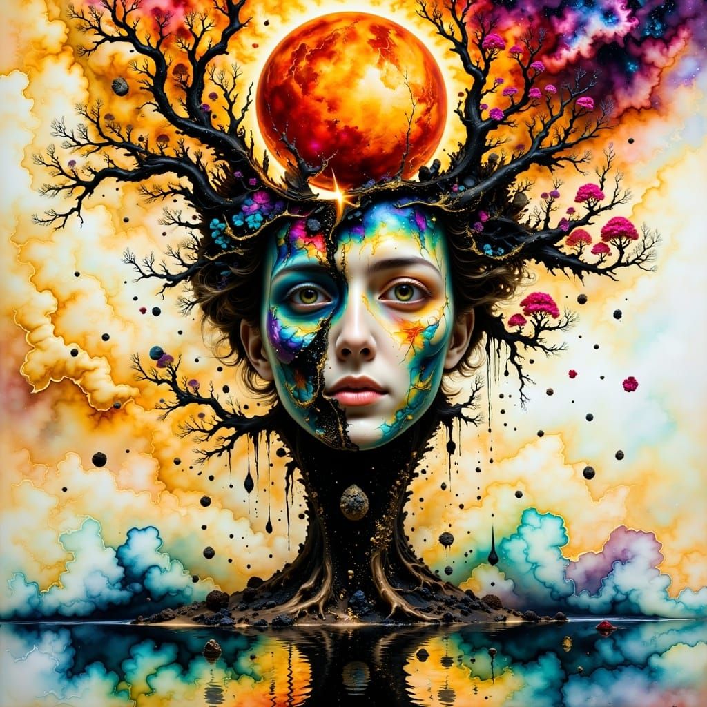 Surreal Splash Ink Art of a Shattered Face Amidst a Dreamlik...