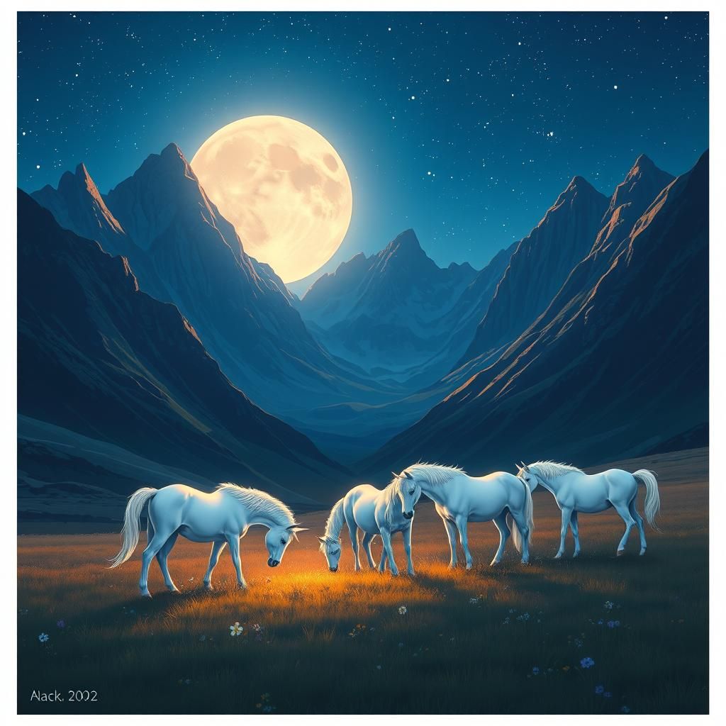 Unicorns Grazing Under Mountain Range at Night in Pixel Art