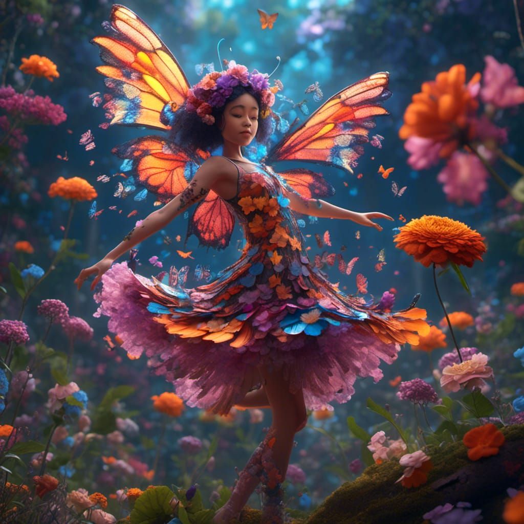 Butterfly Girl Dancing on Flower in Detailed Painting