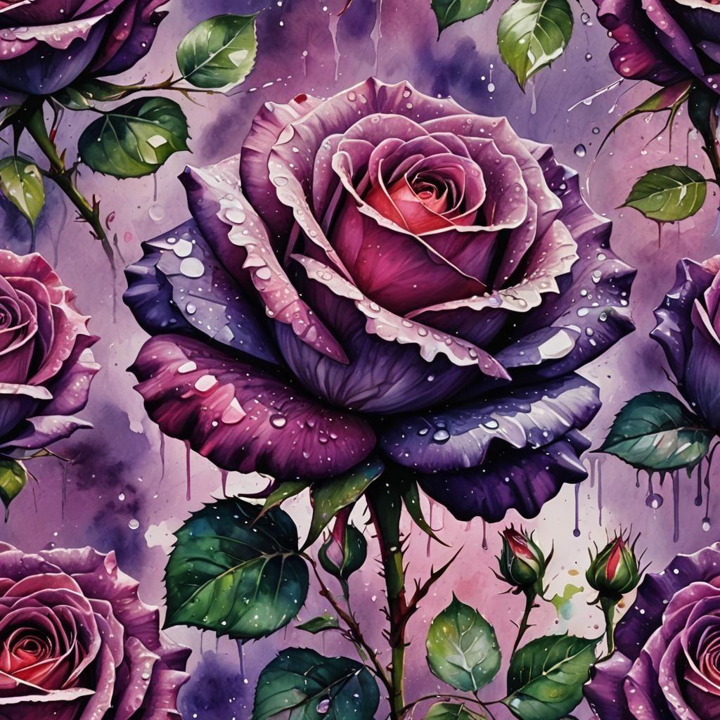 Tachisme Dynamic Brushwork of a bright purple rose with dew ...