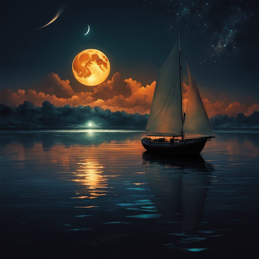 Luminous Ship Sails Lakeside in Orange Moonscape