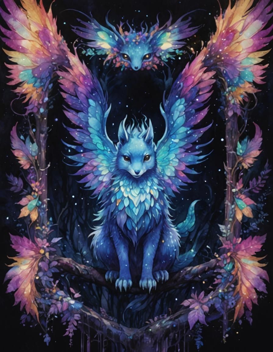 Psychedelic Watercolor Art: Smiling Magical Creature