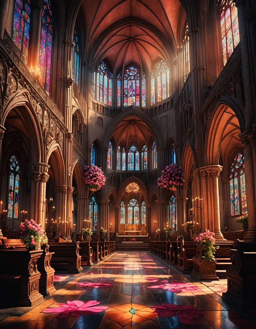 Cathedral Interior with Stained Glass in Golden Light