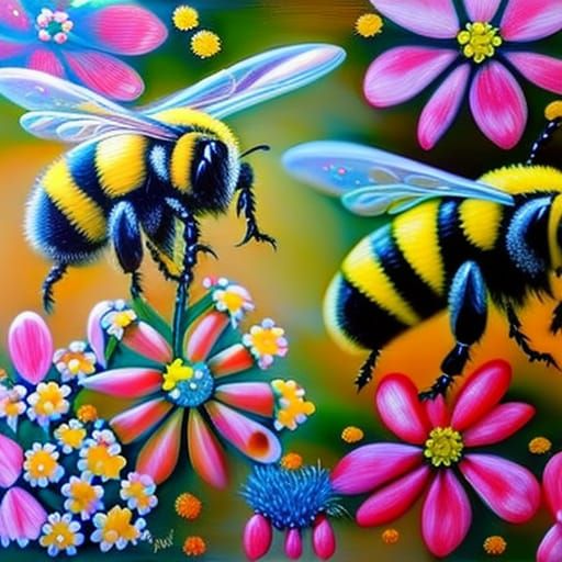 Bumblebees Pollinating Flowers in Impasto Style