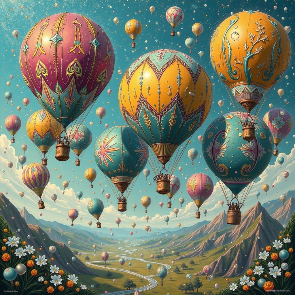 Teal and Gold Hot Air Balloon Race in Surreal Landscape