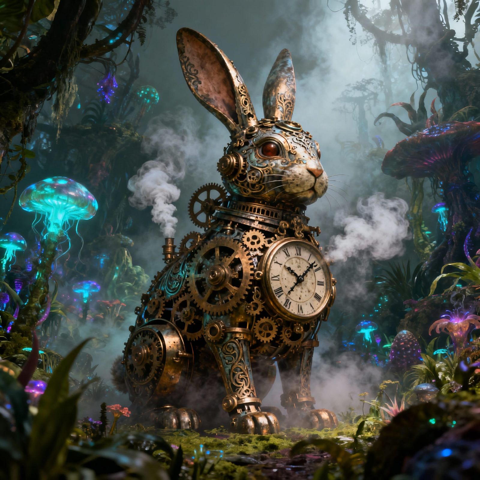 Clockwork Rabbit in Alien Jungle, Digital Art