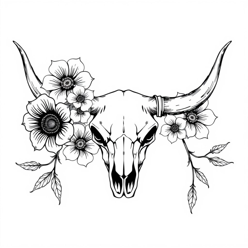 Monochrome Floral Longhorn Skull Illustration