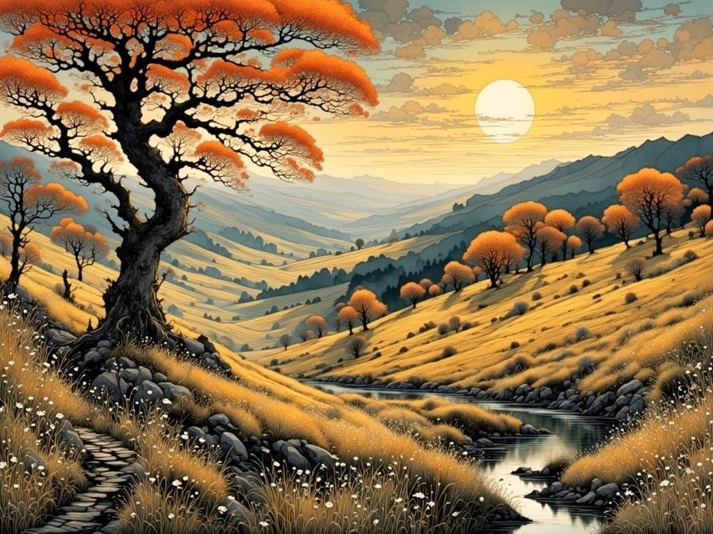 Scottish Autumn Landscape in Golden Light, Art Nouveau Style