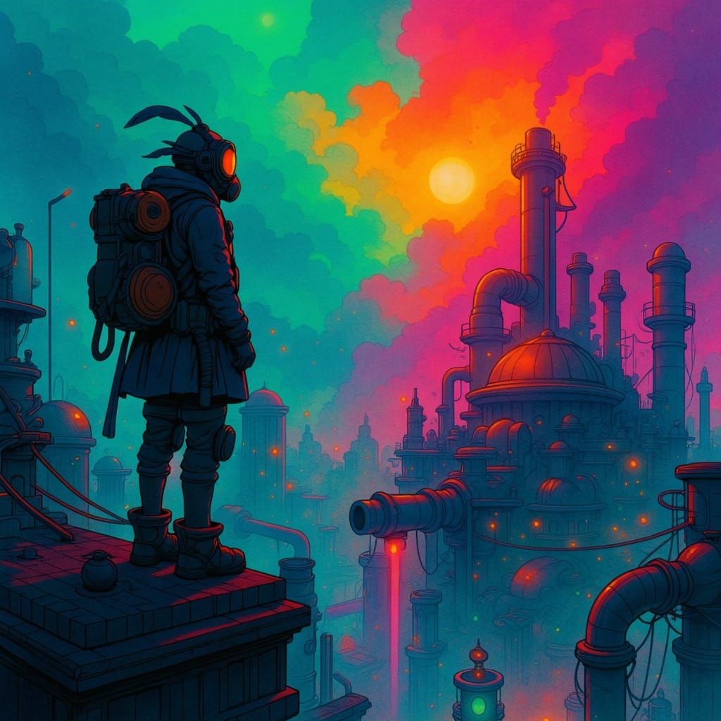 Steampunk Traveler on Rooftop Overlooking Industrial City