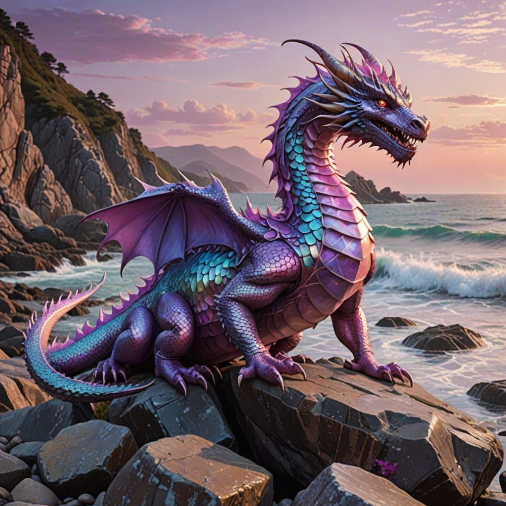 Mythical Iridescent Dragon Overlooks the Ocean