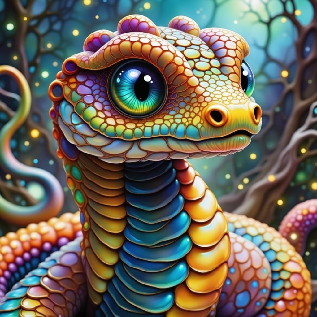 Surreal Dreamsnake with Iridescent Fur and Opal Eyes