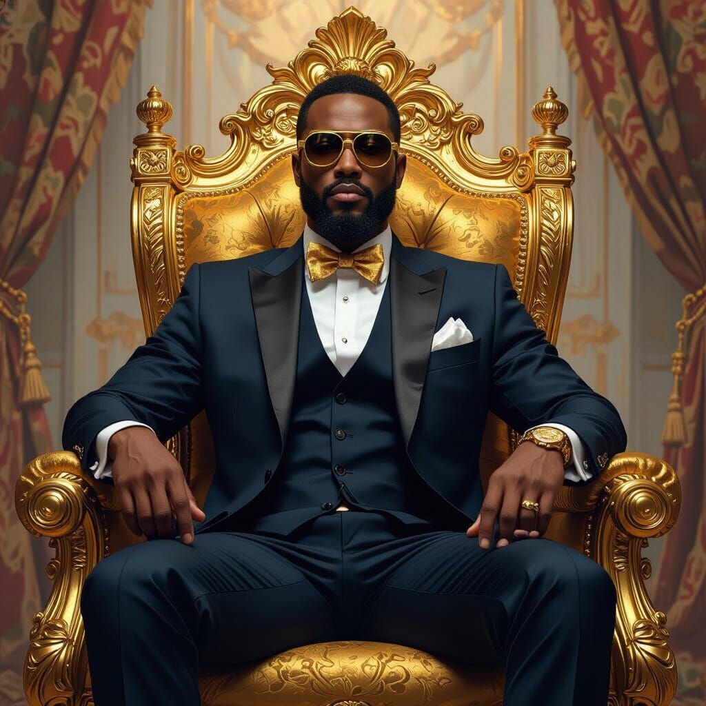 Affluent Businessman on Gold Throne in Baroque-Futuristic St...