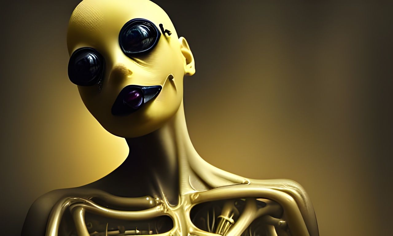 Biomechanical Nude Woman Merged From Yellow Rubber Duck