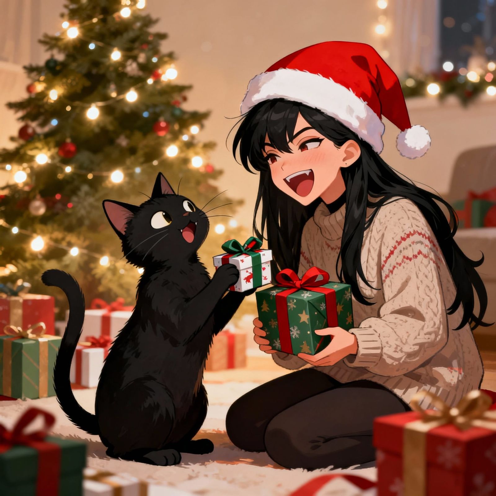 Woman and Laughing Cat Exchanging Christmas Gifts