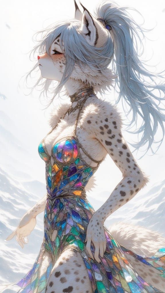 Snow Leopard in Stained Glass Mosaic Dress