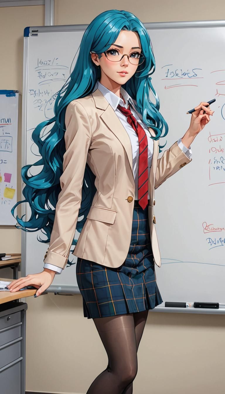 Glamorous Anime Teacher in a Colorful Classroom