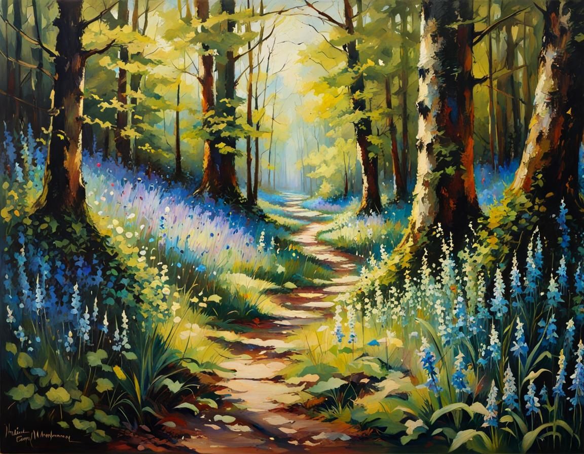 Bluebell Forest Path: Oil Painting Masterpiece