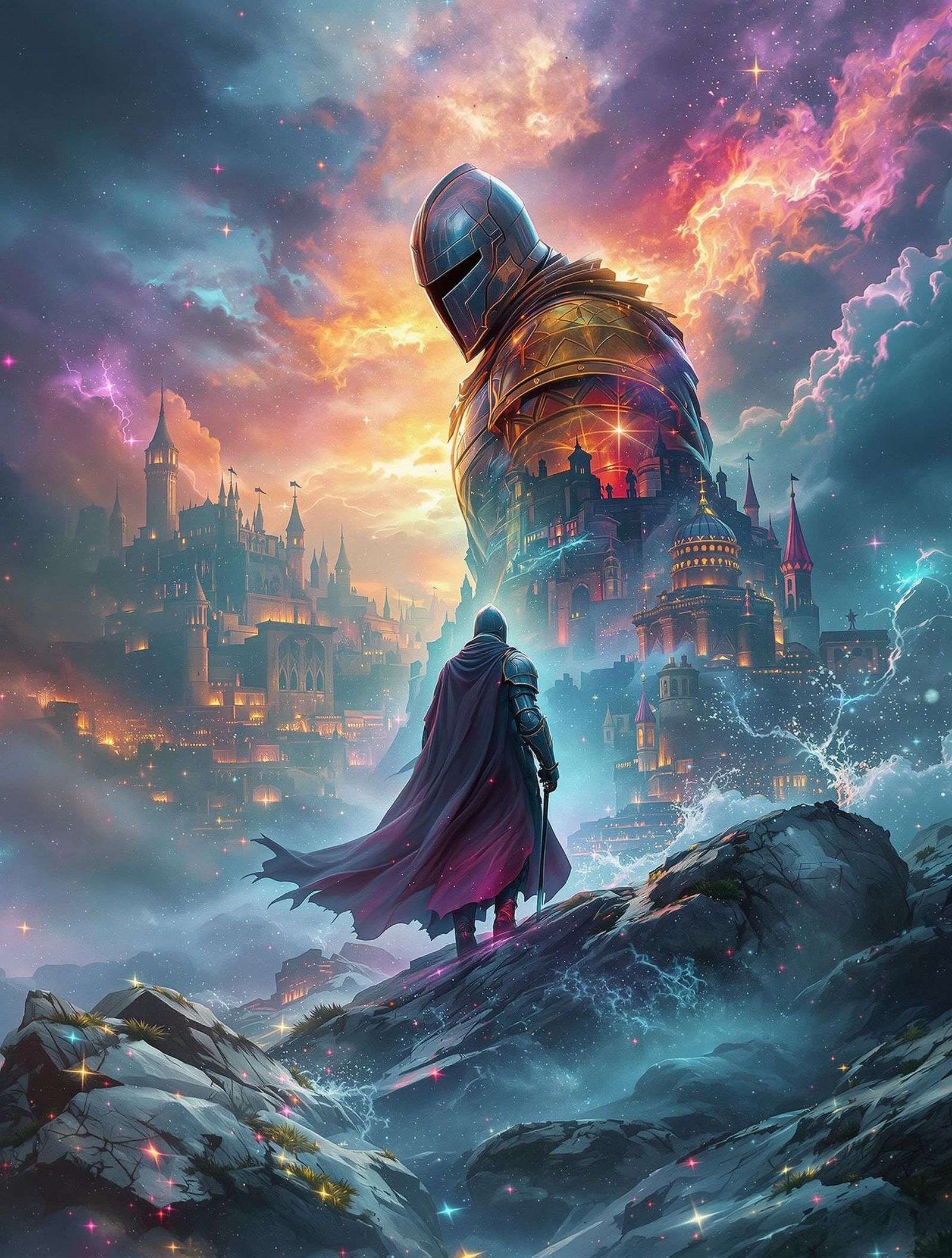 Surreal Fantasy Poster Art of a Wandering Knight in a Stormy...