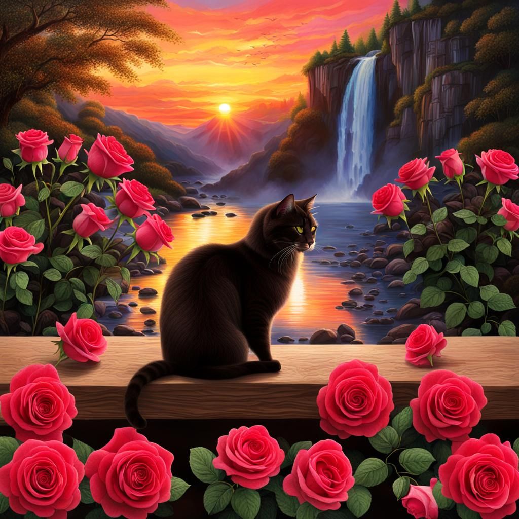 Sunset, Roses, Chocolate, Waterfall, Cat: AI Dreamscape