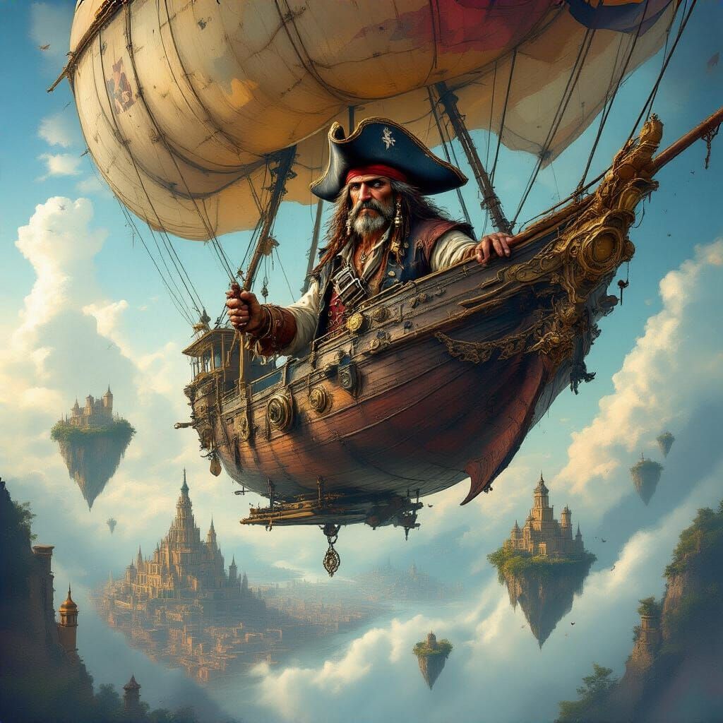 Pirate Captain on Airship Over Floating Islands