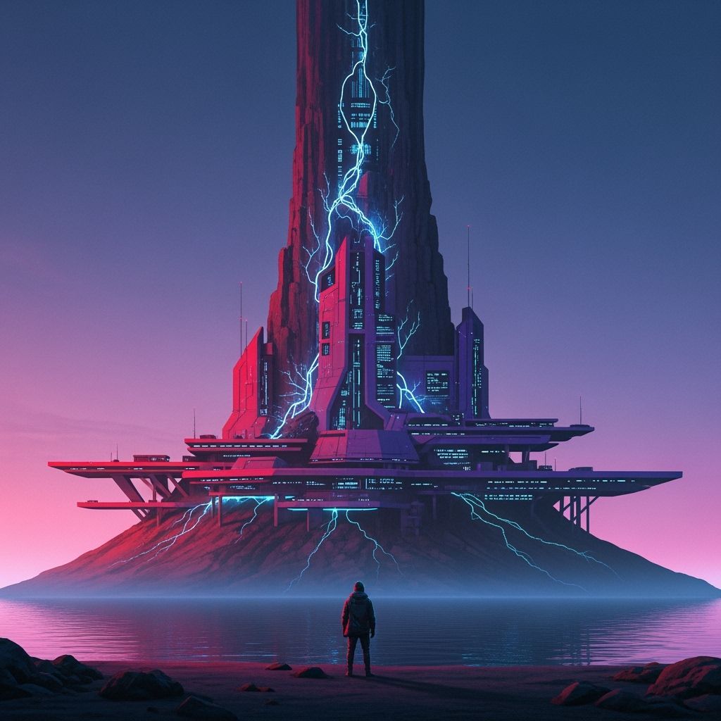 Cyberpunk Rock Formation at Water's Edge