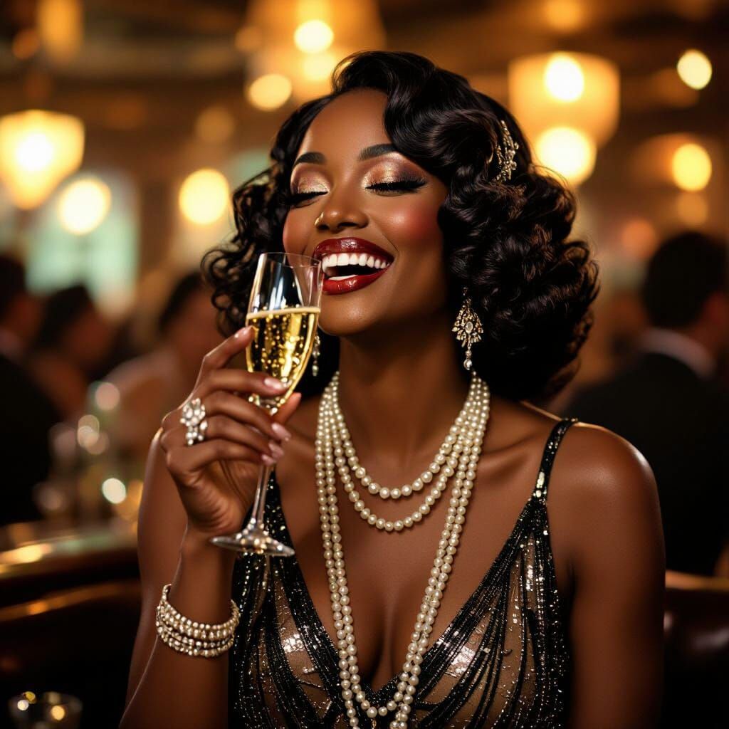 Art Deco Woman Enjoying Champagne in Jazz Club