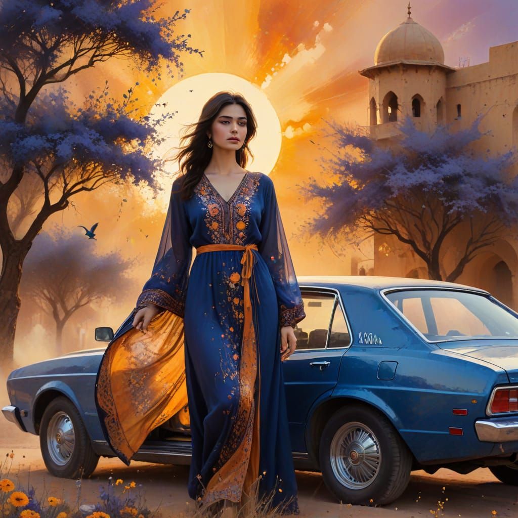 Iranian Woman and Paykan Sedan in Dreamy Digital Art