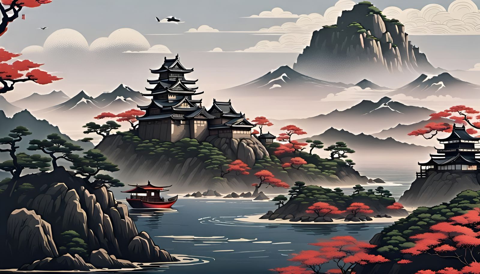 Samurai Castle and Village in Silkscreen Style