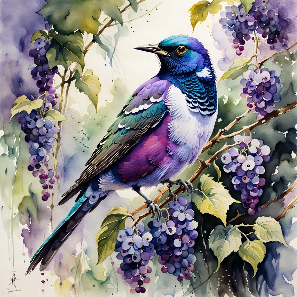 Violet-Backed Starling in Vineyard: Watercolor Impressionism