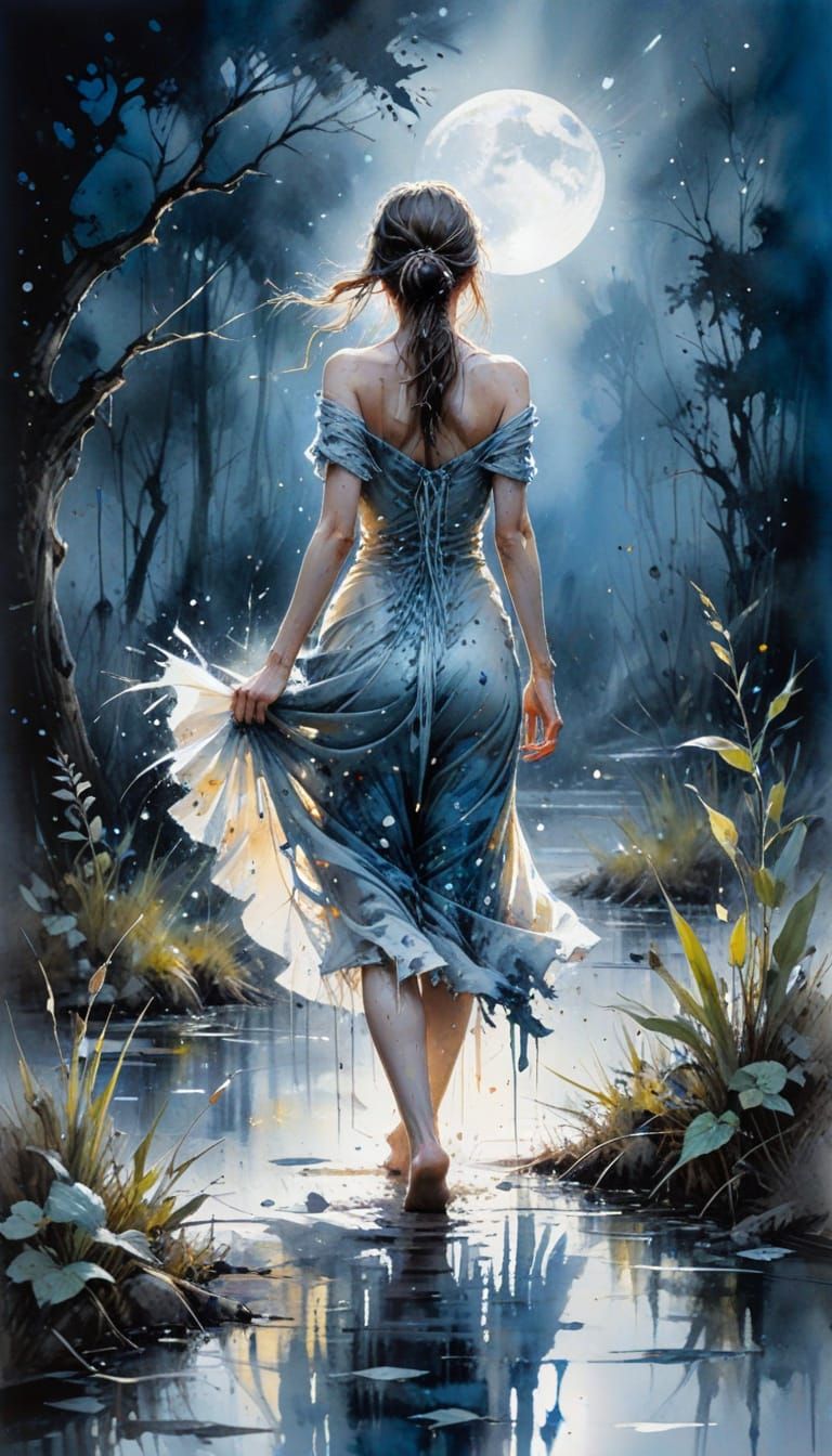 Gypsy in Moonlit Swamp: Watercolour Art