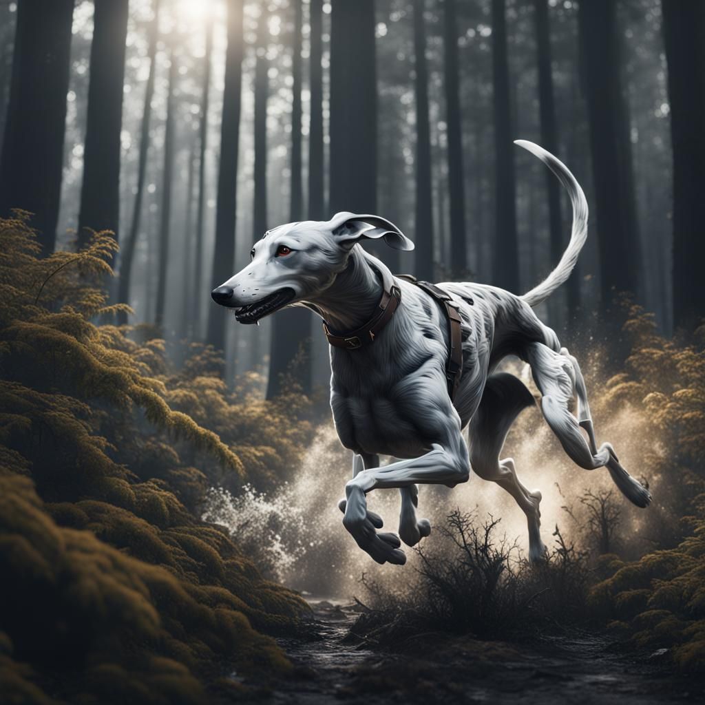 Greyhound Runs Through Monochrome Forest: Detailed Matte Pai...