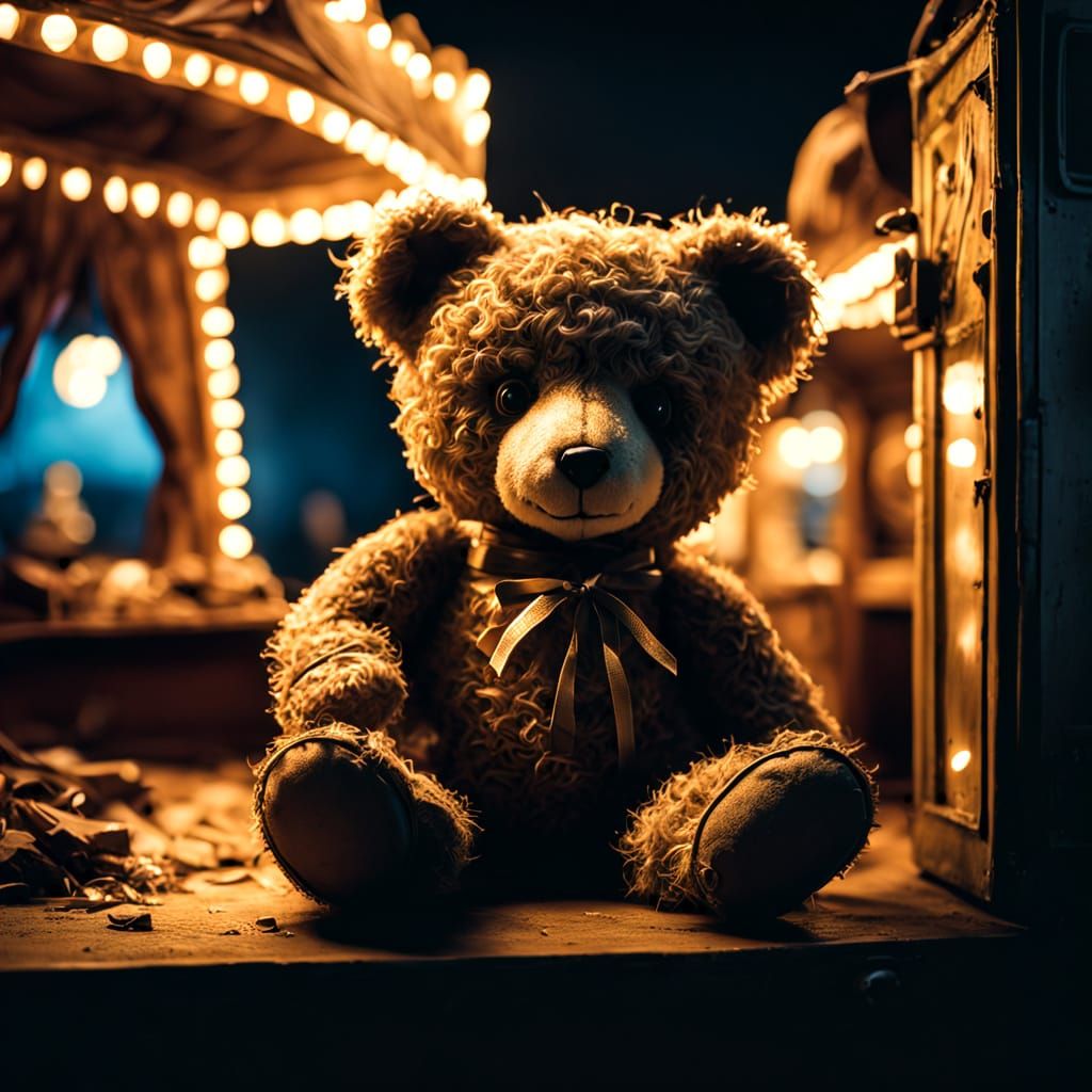 Sinister Teddy Bear with Claws in Abandoned Carnival