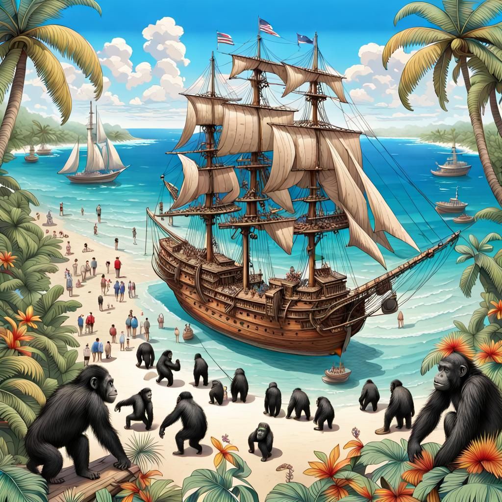 Tropical Primate Crew on Sailing Ship