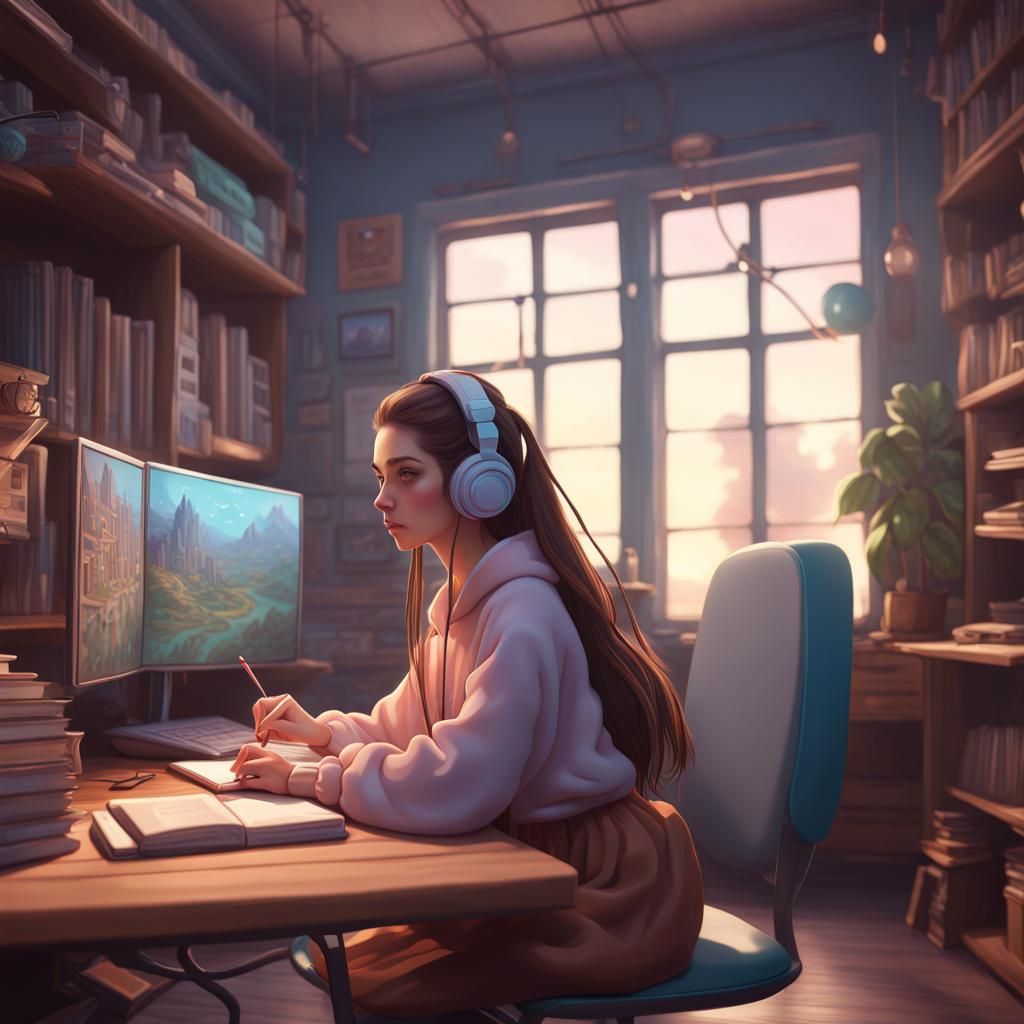 Lofi Girl Studying in Pastel Room, Digital Art