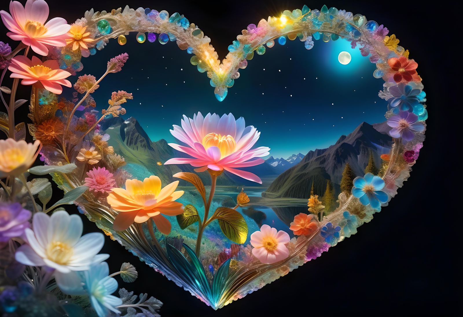 Crystal Heart Flower in Dreamy Landscape