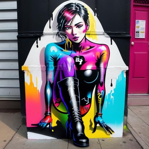 Beautiful Woman in Boot: Hyperrealistic Graffiti Art
