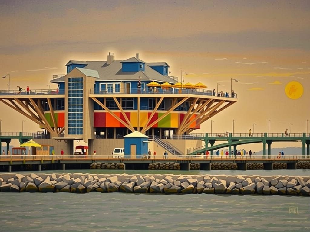 Sunlit Pier in Watercolor and Gouache Style