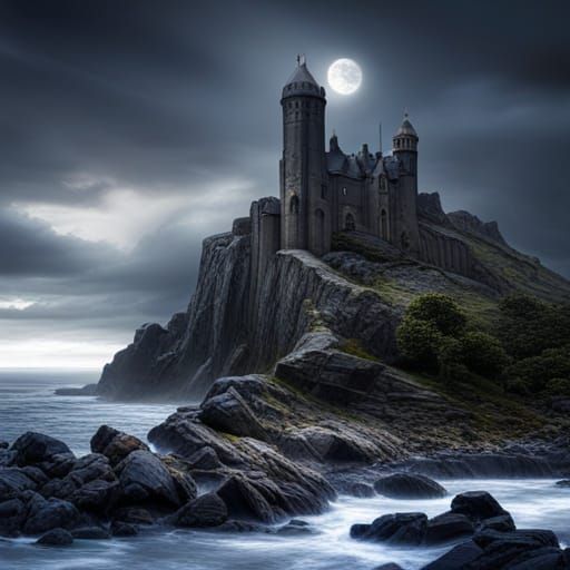 Dramatic Black Castle on Rocky Shoreline: Hyperrealistic