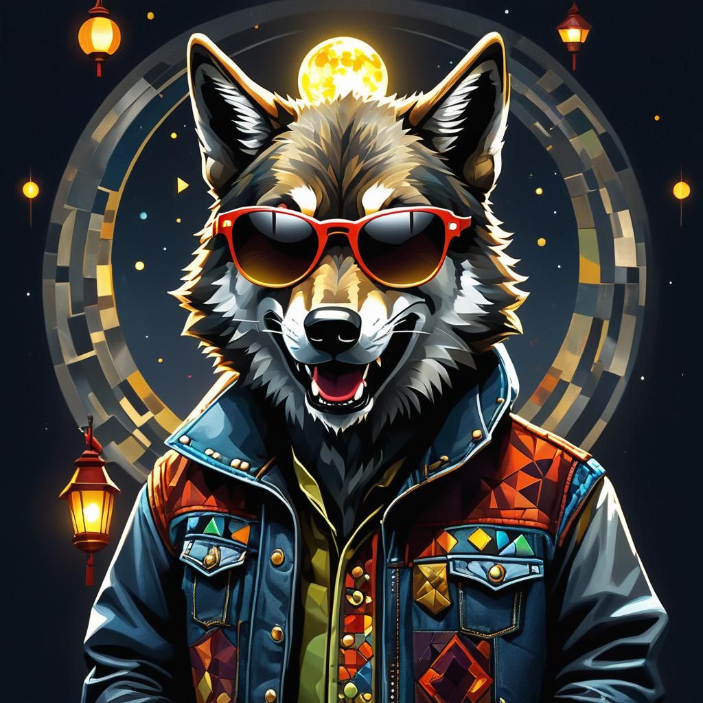 Card Playing Wolf in Mosaic Cubism Style