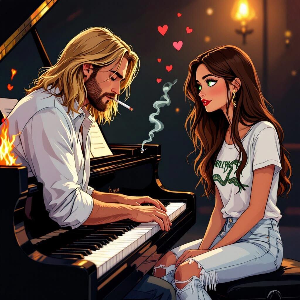 Piano Player with Admirer in Cartoon Style