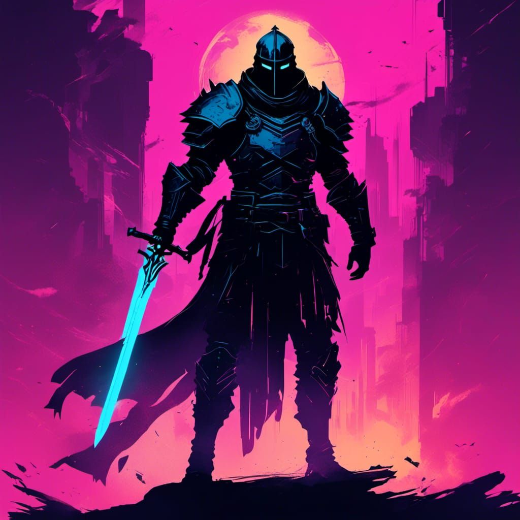 Dark Fantasy Knight with Glowing Sword: Glitchcore Illustrat...