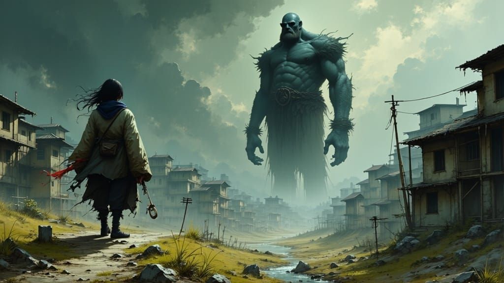 Colossal Giant in Abandoned Town, Digital Matte Painting