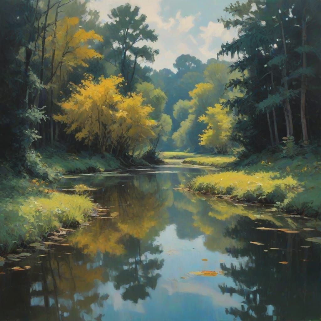 Dreamlike Gouache Reflection in Vibrant, High-Contrast Style