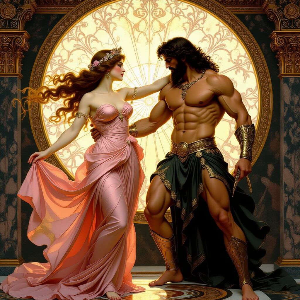 The beautiful goddess Aphrodite casts spells on the god Heph...