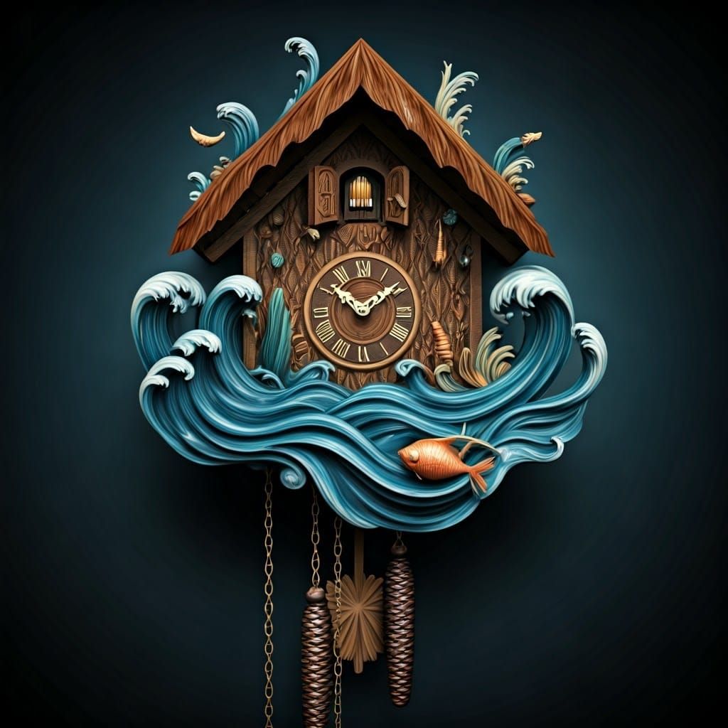 Whimsical Water-Themed Cuckoo Clock in Pop Surrealist Style
