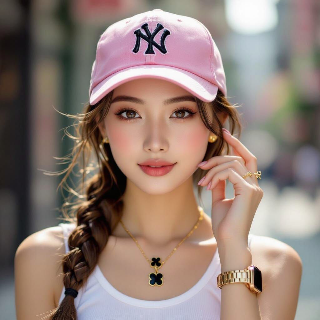 Radiant Chinese Woman with Sparkling Eyes and Pink Cap