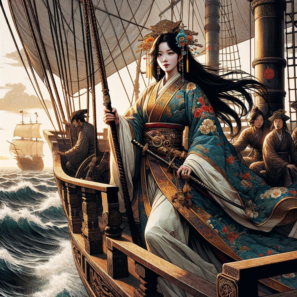 Majestic 19th-Century Chinese Pirate Queen in Ukiyo-E Style