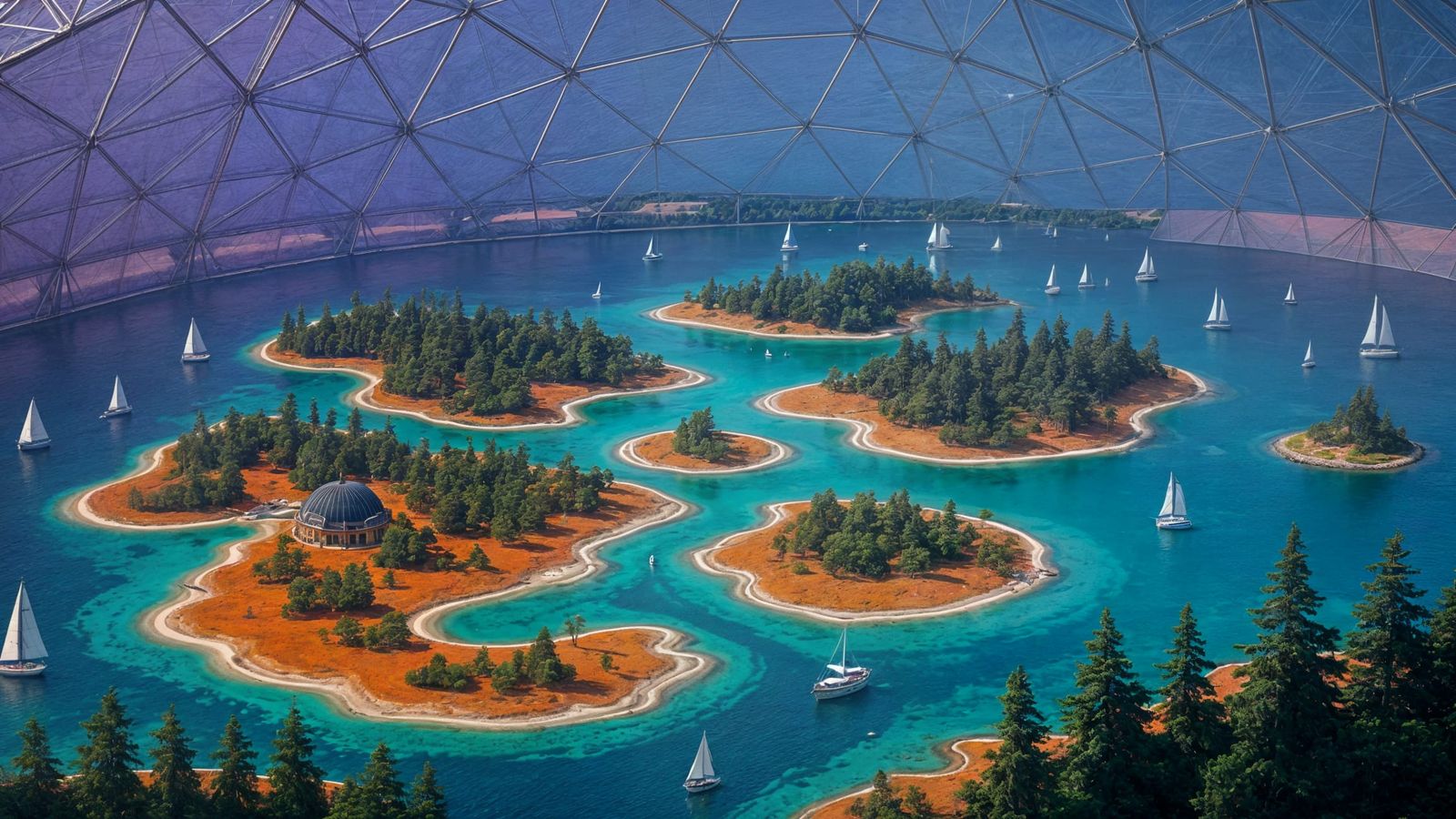 Futuristic Archipelago Inside Giant Lit Dome