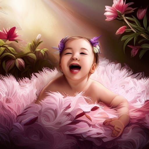 Cheerful Baby Girl with Bunnies in Floral Room